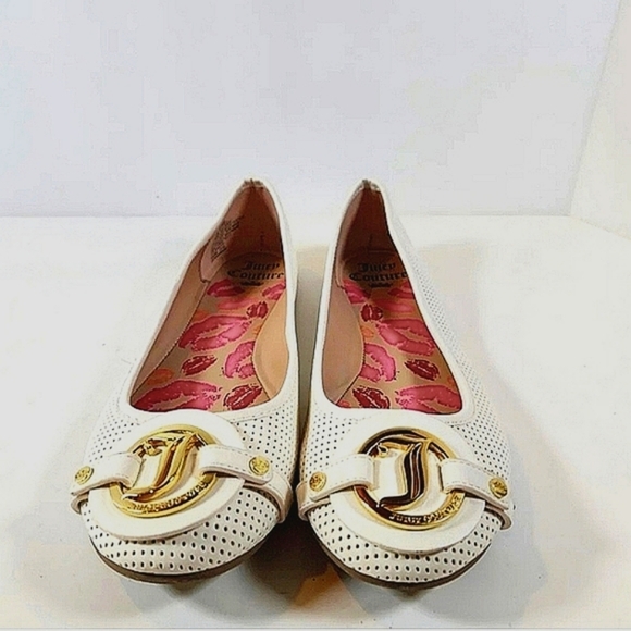 JUICY Couture Ballet Flats Shoes White Gold Logo Women's 9.5 Medium EUC